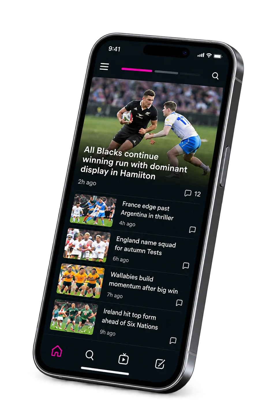 Rugby news app displayed on a mobile phone